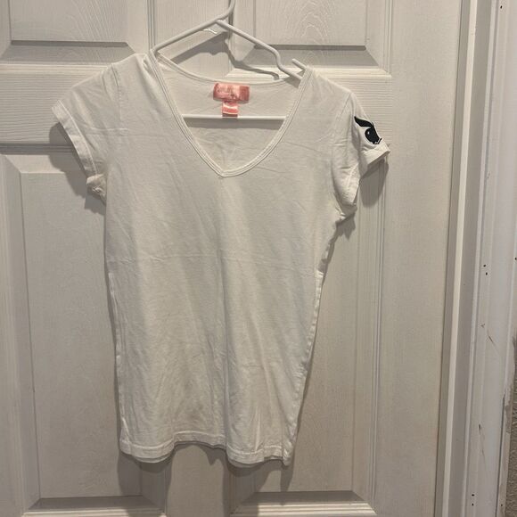 Playboy Graphic Bunny Logo Short Sleeve T-Shirt Size Large White Black Logo Y2k - Picture 1 of 5
